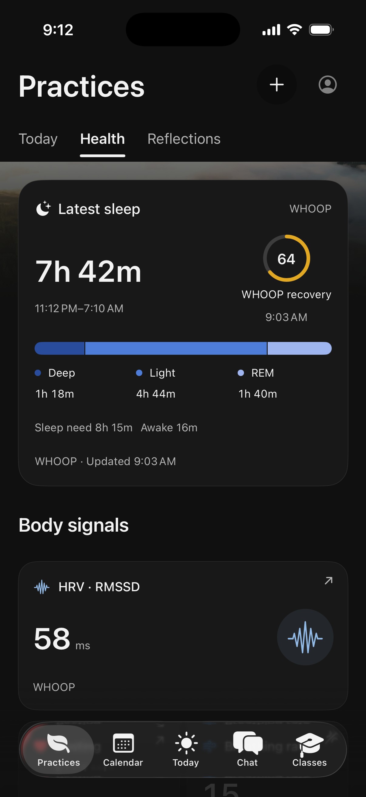 Ordo Practices, Health tab. Latest sleep from WHOOP: 7 hours 42 minutes, 11:12 PM to 7:10 AM. WHOOP recovery 64. Sleep stages: Deep 1 hour 18 minutes, Light 4 hours 44 minutes, REM 1 hour 40 minutes. Sleep need 8 hours 15 minutes, awake 16 minutes. Body signals: heart rate variability 58 ms.