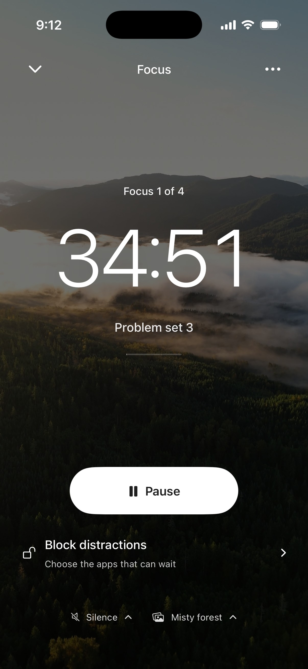Ordo Focus on iPhone: Focus 1 of 4, 34:51 left on Problem set 3, over a misty forest, with Pause.