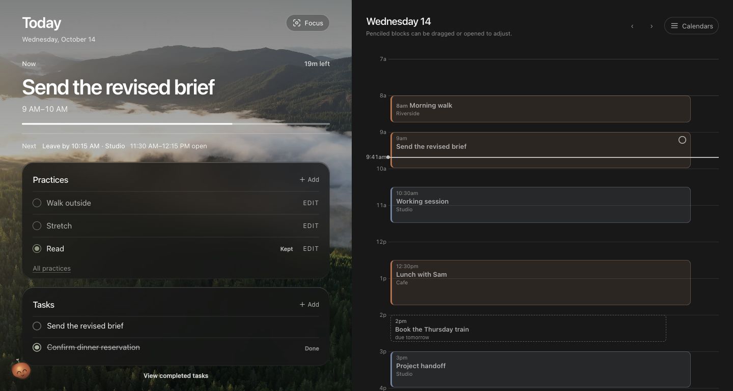 The actual Ordo web Today view: current work, practices and tasks beside the day’s calendar. Sample data.